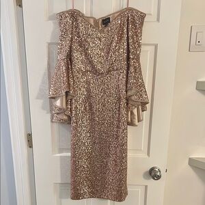 Milly Blush Rose Gold Sequin Off-Shoulder Dress with Bell Sleeves 6
